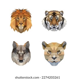 low poly art vector designs of wild animals like lion, tiger, wolf and jaguar