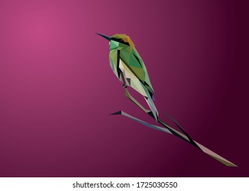 Low poly art vector of a green bee-eater bird in simple form. Animal triangle geometric illustration. Abstract polygonal art. With red gradient background.
