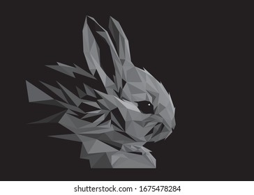 Low poly art vector of a greyscale rabbit in high details. Animal triangle geometric illustration. Abstract polygonal art. With black color background. Ideal for illustration, posters or t-shirts.