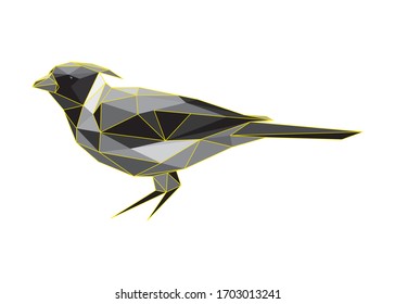 Low poly art vector of a greyscale bird with half yellow wireframe. Animal triangle geometric illustration. Abstract polygonal art. With white background. For illustration, posters or t-shirts.