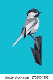 Low poly art vector of a greyscale black capped chickade bird with half blue color wireframe. Animal triangle geometric illustration. Abstract polygonal art. With cyan background. 