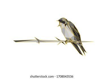 Low poly art vector of a greyscale bird with half yellow color wireframe. Animal triangle geometric illustration. Abstract polygonal art. With white background.
