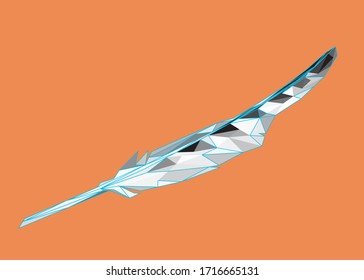 Low poly art vector of a greyscale feather with half blue color wireframe. Object triangle geometric illustration. Abstract polygonal art. With orange background.