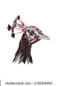 Low poly art vector of a greyscale peacock with red color wireframe. Animal triangle geometric illustration. Abstract polygonal art. With white background.