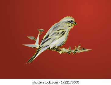 Low poly art vector of a greyscale bird with yellow color wireframe. Animal triangle geometric illustration. Abstract polygonal art. With red background.