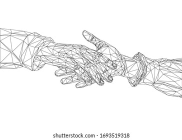 Low poly art vector of handshaking hands in black color wireframe. Triangle geometric illustration. Abstract polygonal art. With white background. For illustration, posters or t-shirts.
