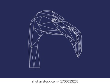 Low poly art vector head of a flamingo in white color wireframe. Animal triangle geometric illustration. Abstract polygonal art. With dark blue background. For illustration, posters or t-shirts.