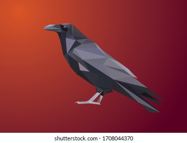 Low poly art vector head of a black crow in simple form. Animal triangle geometric illustration. Abstract polygonal art. With dark red gradient background.