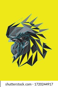 Low-Poly-Vektorkopf eines Graustufen-Hahns mit blauem Farbrahmen. Geometrische Abbildung des Tierdreiecks. Abstrakte polygonale Kunst. Mit gelbem Hintergrund.