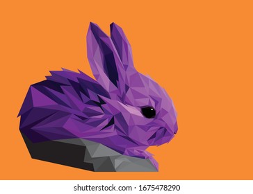 Low poly art vector of a purple rabbit in high details. Animal triangle geometric illustration. Abstract polygonal art. With orange color background. Ideal for illustration, posters or t-shirts.