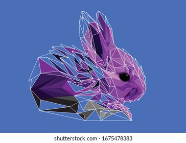 Low-Poly-Vektorillustration eines violetten Kaninchens mit halbem Wireframe. Geometrische Abbildung des Tierdreiecks. Abstrakte polygonale Kunst. Mit blauem Hintergrund. Ideal für Illustrationen, Plakate oder T-Shirts.