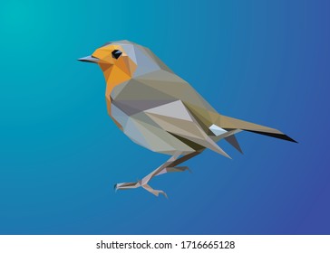 Low poly art vector of a Robin bird in simple form. Animal triangle geometric illustration. Abstract polygonal art. With blue gradient background.