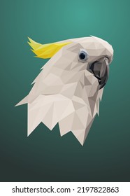 Low poly art of a white cockatoo portrait in high details. Vector animal triangle geometric illustration. Abstract polygonal art with green color background.