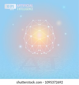 Low poly artificial intelligence brain and connected dots with binary code text glowing on pastel color background