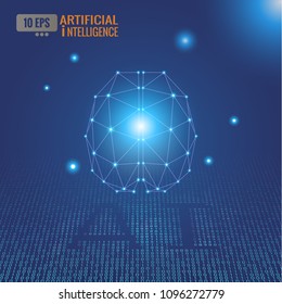 Low poly artificial intelligence brain and connected dots with binary code text glowing on blue background