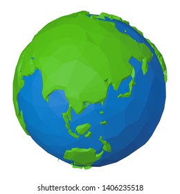 Low poly Asia and Australia on simple 3d globe with modern geometric polygonal shapes
