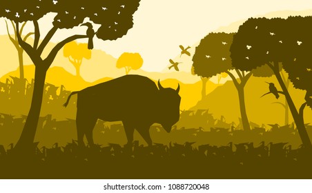 low poly asian nature vector,cow on the grass field with hornbill bird,silhouette style