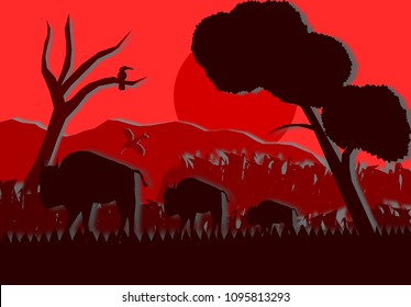 low poly asian nature vector,cow in the grass field with hornbill and bird on sunset background,silhouette style,panorama view