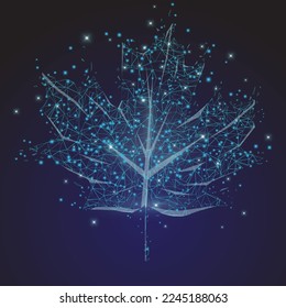 low poly autumn leaf in a blue color filled with stars in a wireframe vector illustration