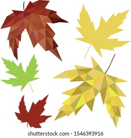 Low poly autumn maple leaves, yellow and burgundy autumn leaves