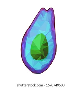 Low poly avocado. Vector polygonal sign avocado isolated on white background. Pop art color healthy fruit, proper nutrition, snack, vegetables, eat. Stock food illustration for packaging, advertising