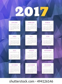 Low Poly Background 2017 Full Calendar Template - Promotion Poster Vector Design, Week Starts Sunday