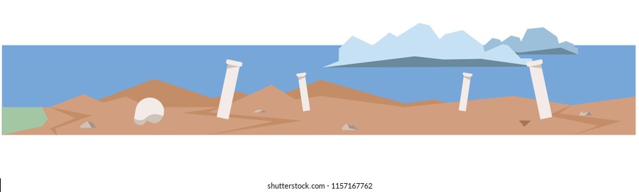 Low poly background of an ancient cloudy wasteland in polygonal fashion for animation and greek columns