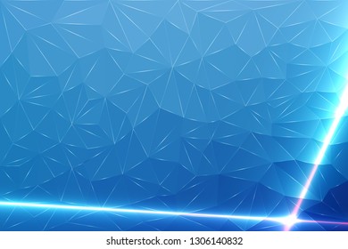 Low Poly Background of Blue Color, from Geometric Lines with Laser Glow. Abstract Illustration with Luminous Lines and Crystals.
