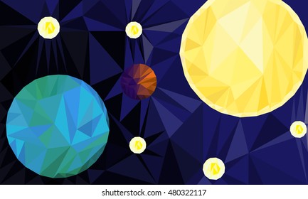 Low Poly background of Earth, Sun and stars in space