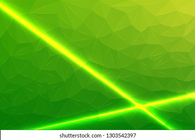 Low Poly Background of Green Color, from Geometric Lines with Laser Glow. Abstract Illustration with Luminous Lines and Crystals.