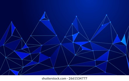 Low-Poly-Hintergrund auf dunkelblauem Farbverlauf. Modernes, geometrisches und minimalistisches abstraktes Design für digitale Kunst, 3D-Modellierung, Bildschirmhintergründe und futuristische Grafik