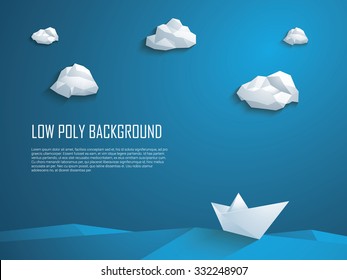 Low poly background with paper boat on sea. White and blue wallpaper. Eps10 vector illustration.