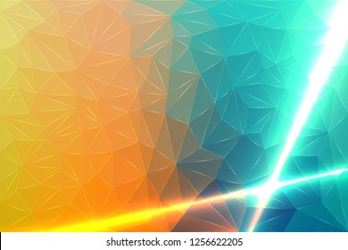 Low Poly Background of Yellow blue Color, from Geometric Lines with Laser Glow. Abstract Illustration with Luminous Lines and Crystals.