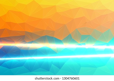 Low Poly Background of Yellow blue Color, from Geometric Lines with Laser Glow. Abstract Illustration with Luminous Lines and Crystals.