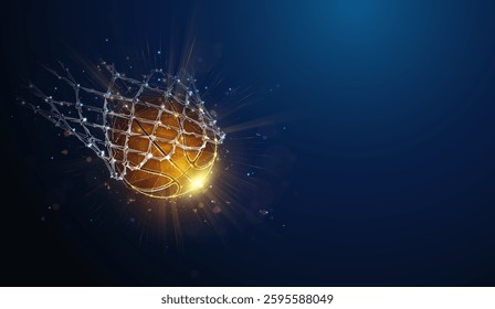 Low Poly Basketball Ball Falling to Net Scoring Points. Abstract geometric illustration on success goal shot in basketball game sports concept by wireframe mesh on blue background