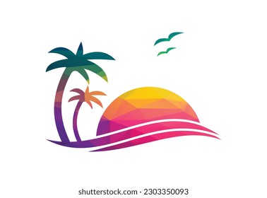 Low Poly and Beach logo design, Vector design concept