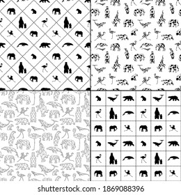 Low poly bear, flamingo, whale, elephant. Animal silhouettes. Dotted grid. Pattern set