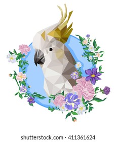 low poly bird. Vector Low Poly, Polygonal. colorful low polygon parrot vector illustration.
bird with flowers. 
