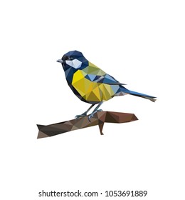 low poly bird/geometric polygonal titmouse on a branch