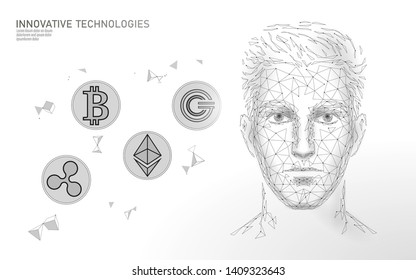 Low poly Bitcoin cryptocurrency trade concept. Male face handsome successful man. Personal financial data money innovation technology. 3D polygonal profit investment vector illustration
