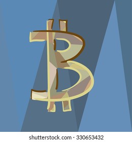 Low Poly bitcoin from gold on blue polygonal background