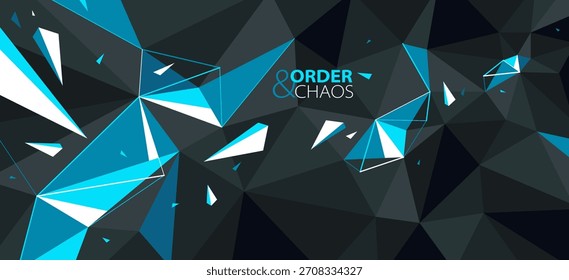 Low Poly schwarz und blau Vektor abstrakten Hintergrund, 3D-dimensionale polygonale Oberfläche mit gebrochenen Trümmern im Chaos der dynamischen Explosion, zerbröckelte Partikel.