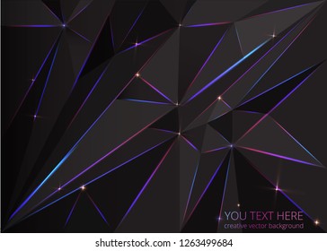 Low poly black dark-grey abstract background, polygonal shapes background riangles mosaic, for web and print, dark crystals backdrop with purple blue neon  lights.