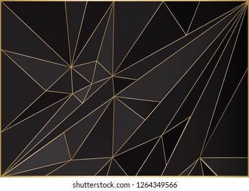 Low poly black dark-grey abstract background, polygonal shapes background triangles mosaic, for web and print, dark crystals backdrop with golden lines