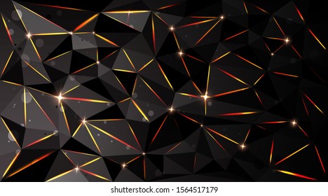 Low poly black dark-grey abstract background, polygonal shapes background triangles mosaic, for web and print, dark crystals backdrop with purple blue neon  lights.