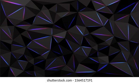 Low poly black dark-grey abstract background, polygonal shapes background triangles mosaic, for web and print, dark crystals backdrop with red yellow  and purple neon lights.