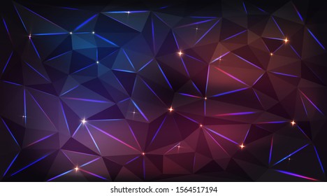 Low poly black dark-grey abstract background, polygonal shapes background triangles mosaic, for web and print, dark crystals backdrop with red yellow  and purple neon lights.