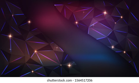 Low poly black dark-grey abstract background, polygonal shapes background triangles mosaic, for web and print, dark crystals backdrop with red yellow  and purple neon lights.
