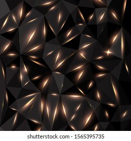 Low poly black dark-grey abstract luxury, polygonal elegant shapes background triangles mosaic, for web and print, dark crystals backdrop with neon  lights.