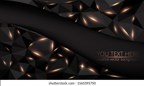 Low poly black dark-grey abstract luxury, polygonal elegant shapes background triangles mosaic, for web and print, dark crystals backdrop with neon  lights.